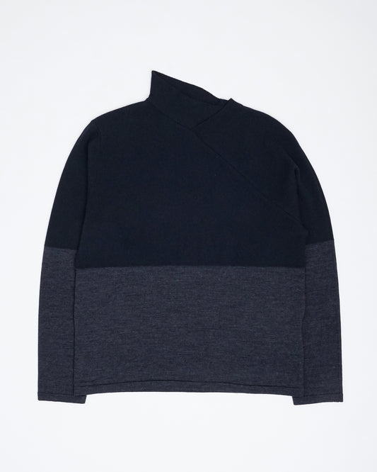 One Side High Neck Pullover(Navy×Navy)